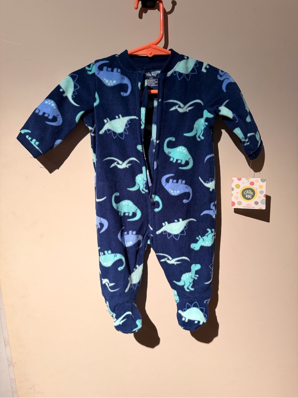 Little Me Navy Blue Dinosaur Fleece Footed One-Piece 3M